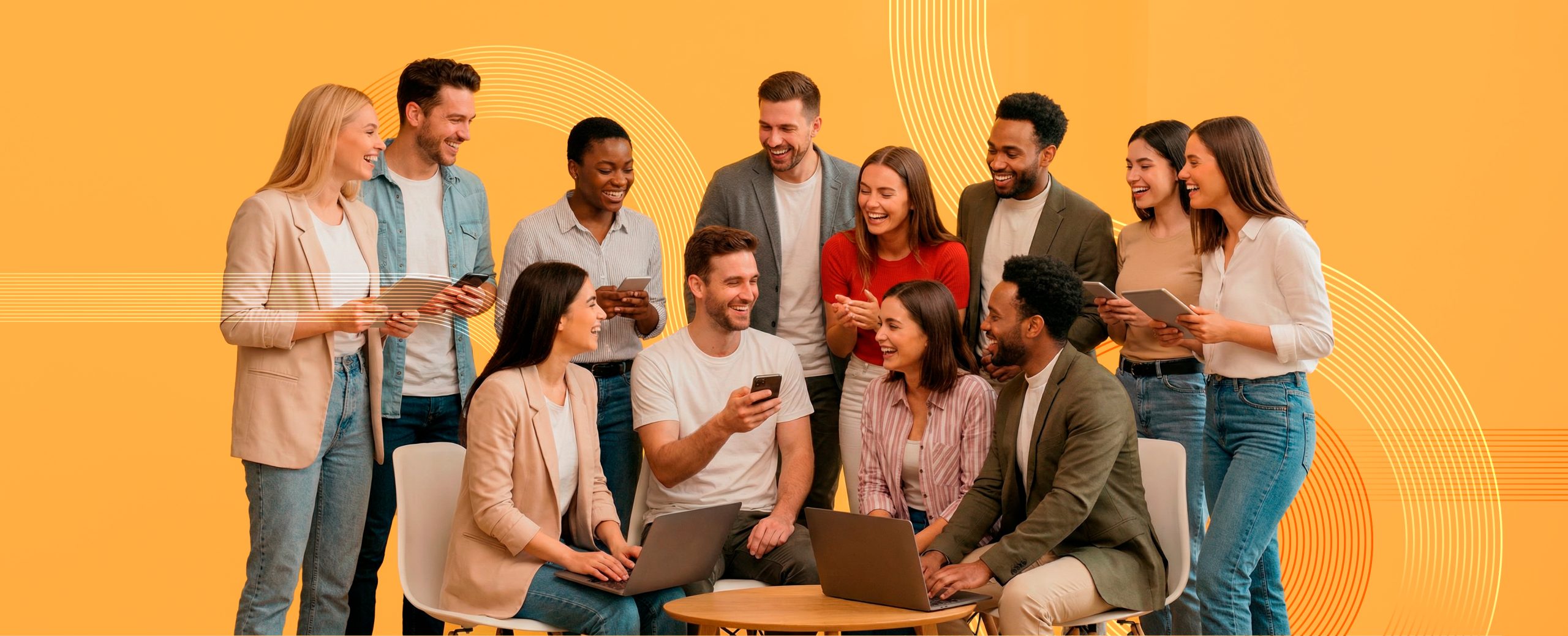 Equipo diverso de profesionales sonriendo y colaborando con laptops y tablets, representando el desarrollo del talento humano con Zolem